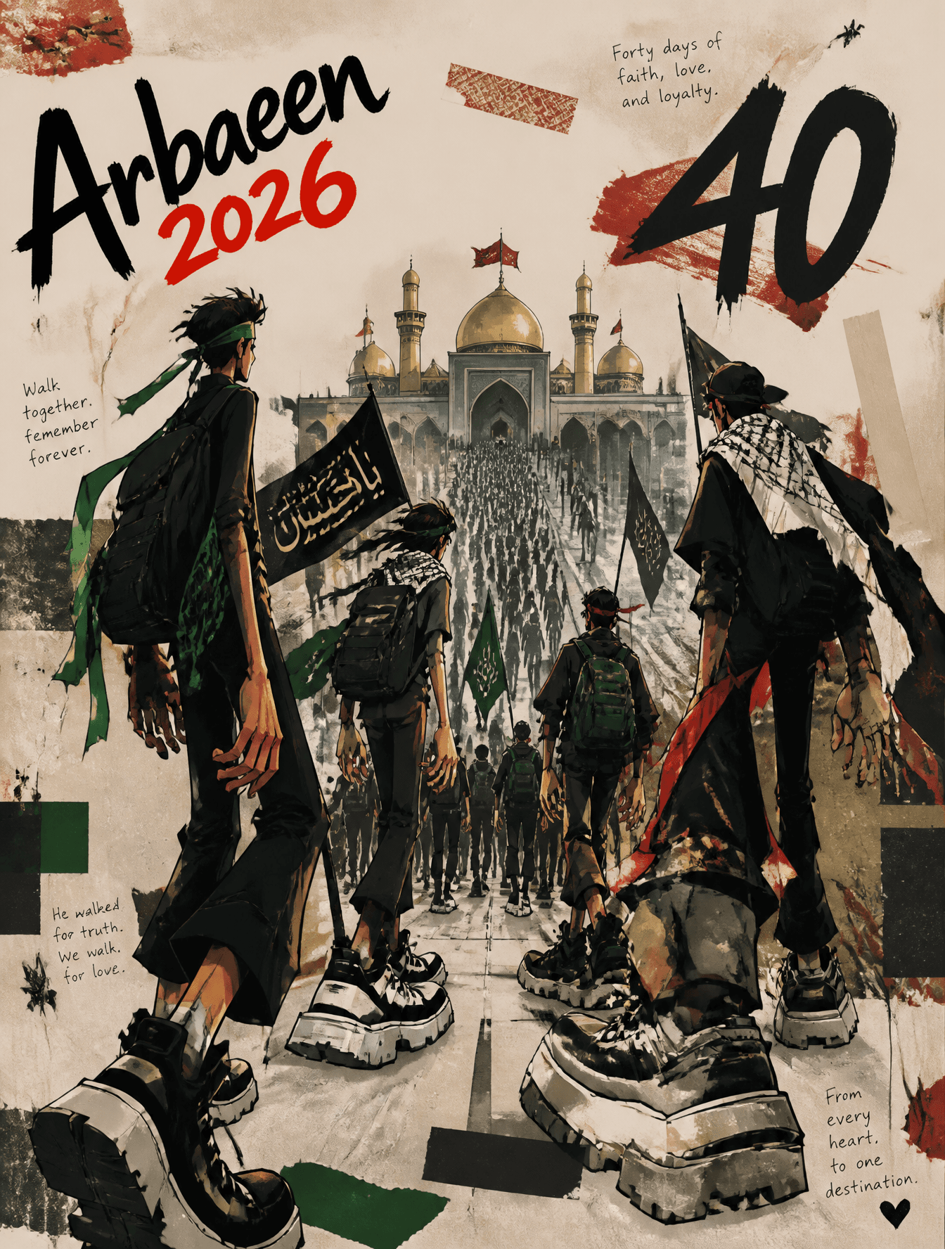 2026 阿巴因节（Arbaeen 2026）海报提示词 (中文)正向提示词： 2026年阿巴因节（Arbaeen 20