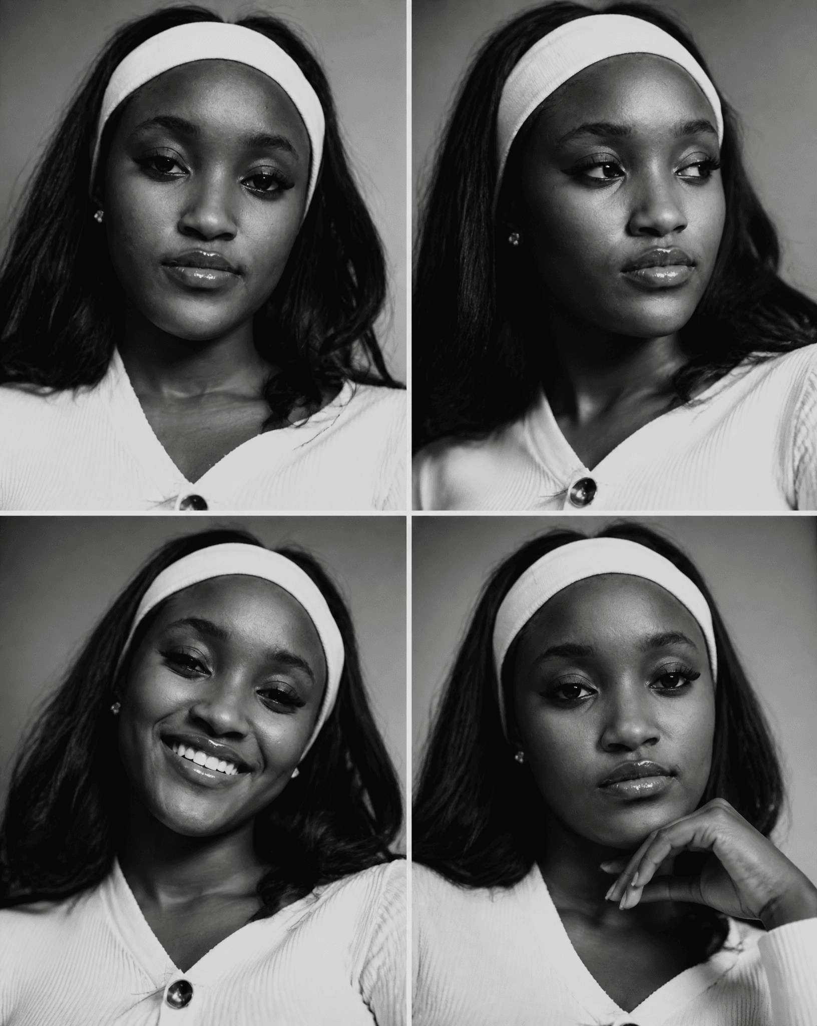Black-and-white fashion casting contact sheet of [Human] wit