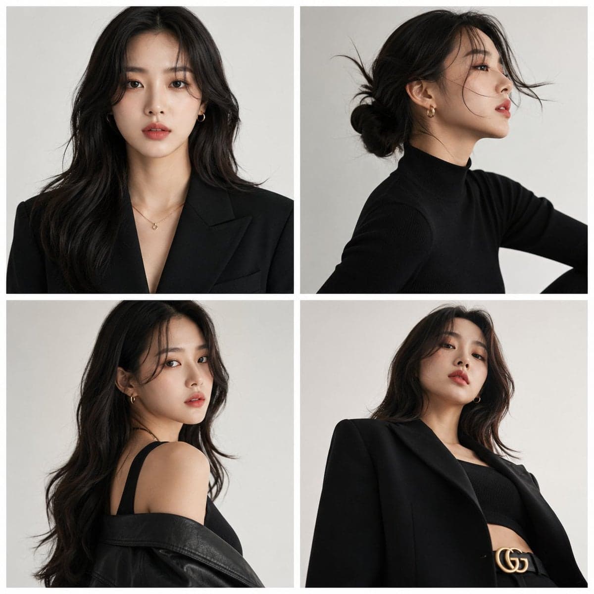 Create a premium high-fashion editorial series in a 2x2 grid
