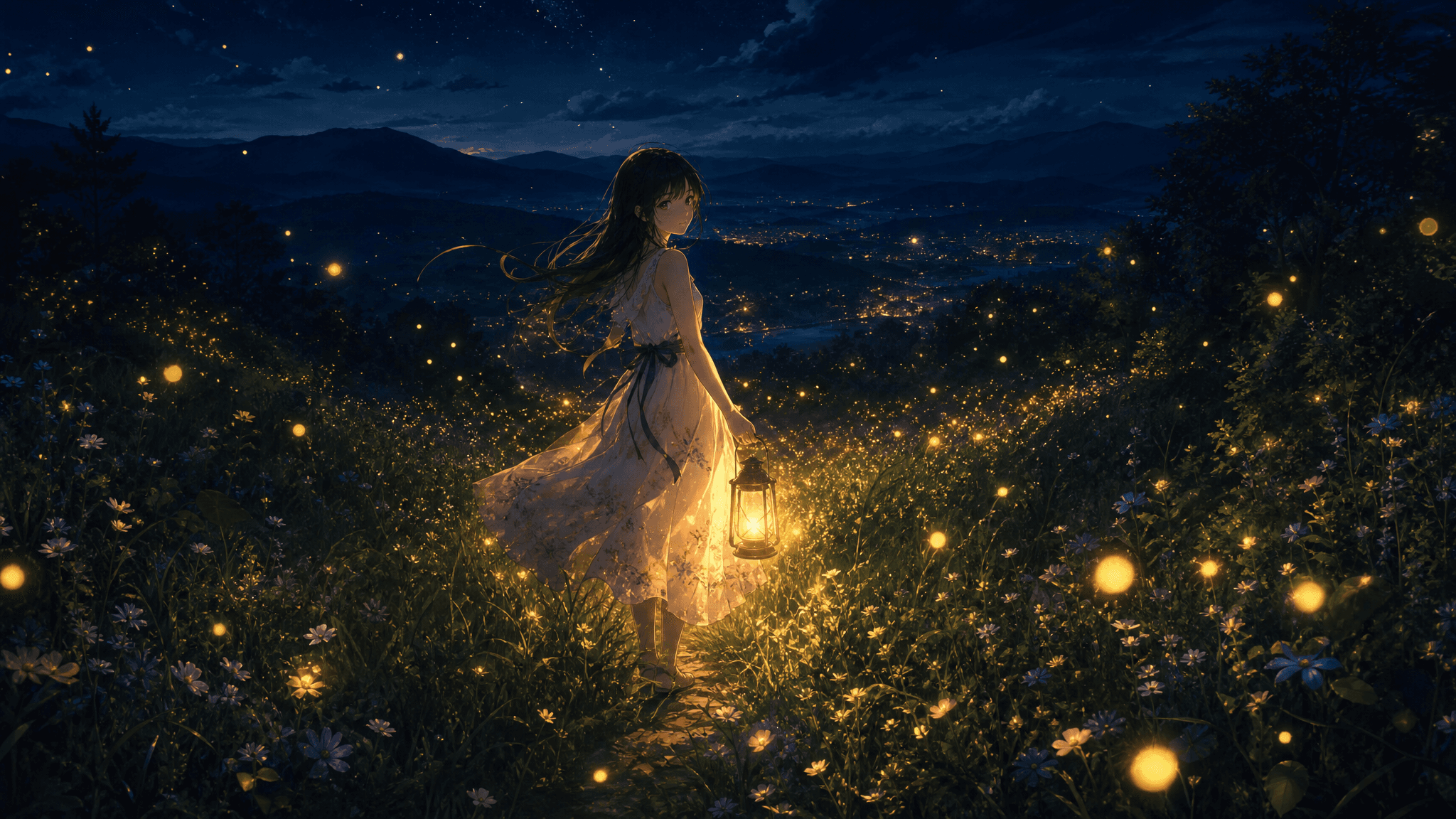A girl walking through a meadow illuminated by thousands of