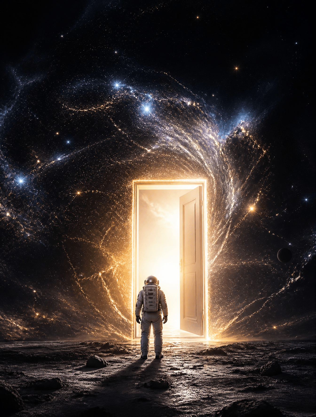 A lonely astronaut discovering a glowing door in the middle 