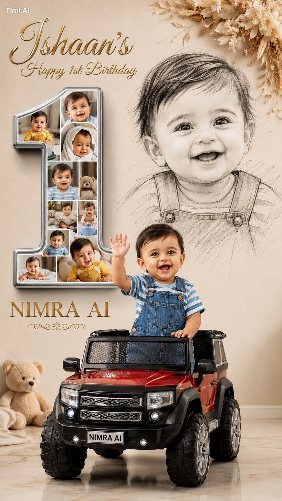 Create an ultra-realistic premium first birthday collage pos