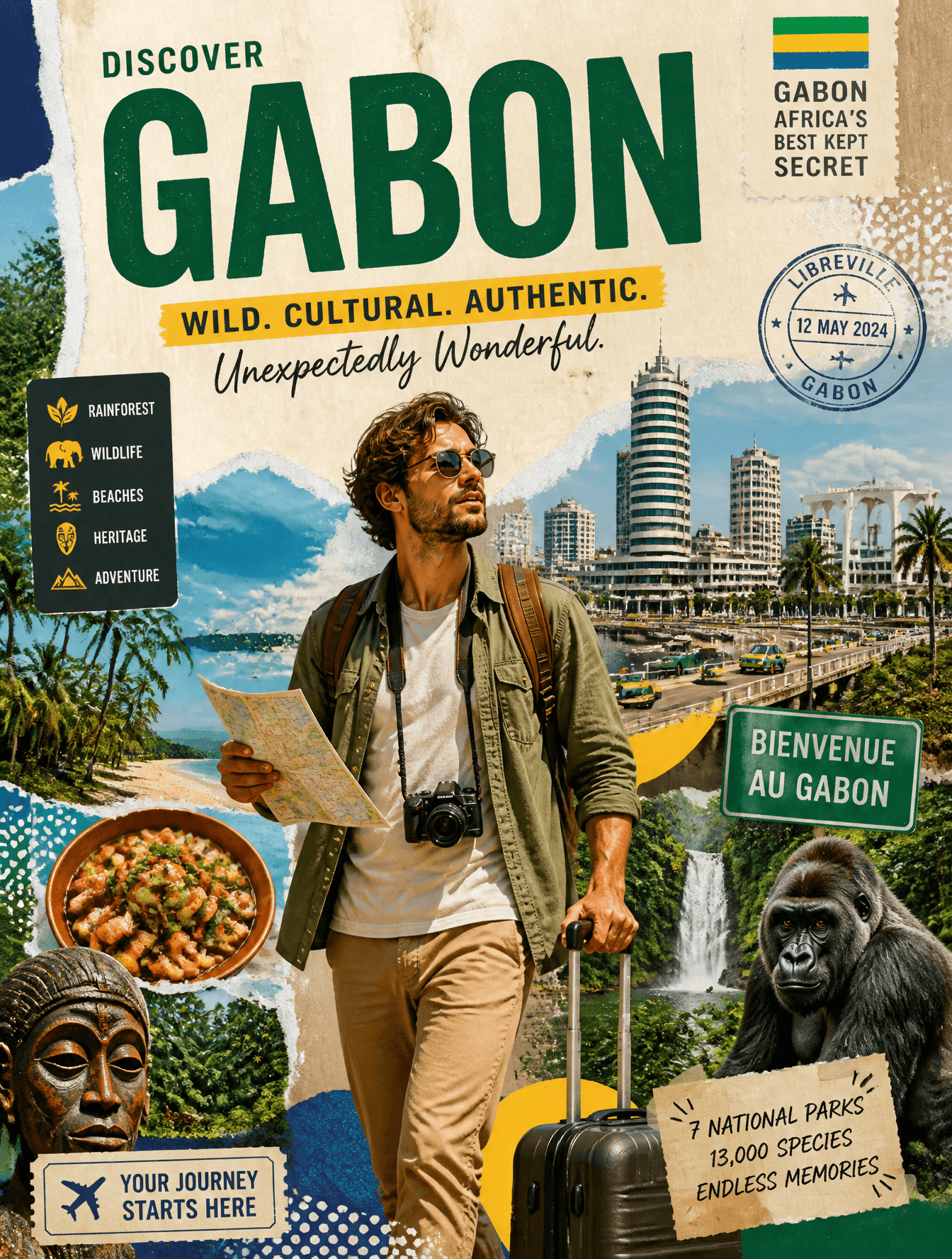 Create a stylized travel poster for [Gabon].The main subject
