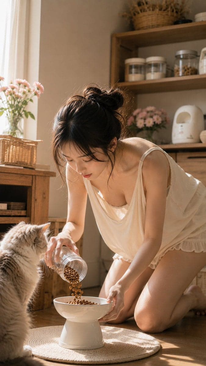 主題：
猫にごはんをあげる朝

人物・表情：
20代女性。黒茶の髪をラフなお団子にまとめ、透け感のある前髪と後れ毛が頬や