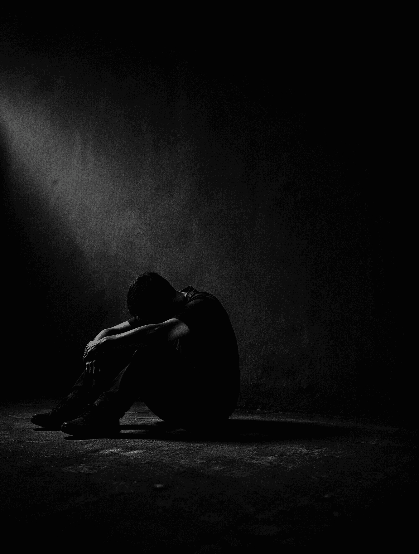 Minimalist, high-contrast silhouette of a lonely man slumped