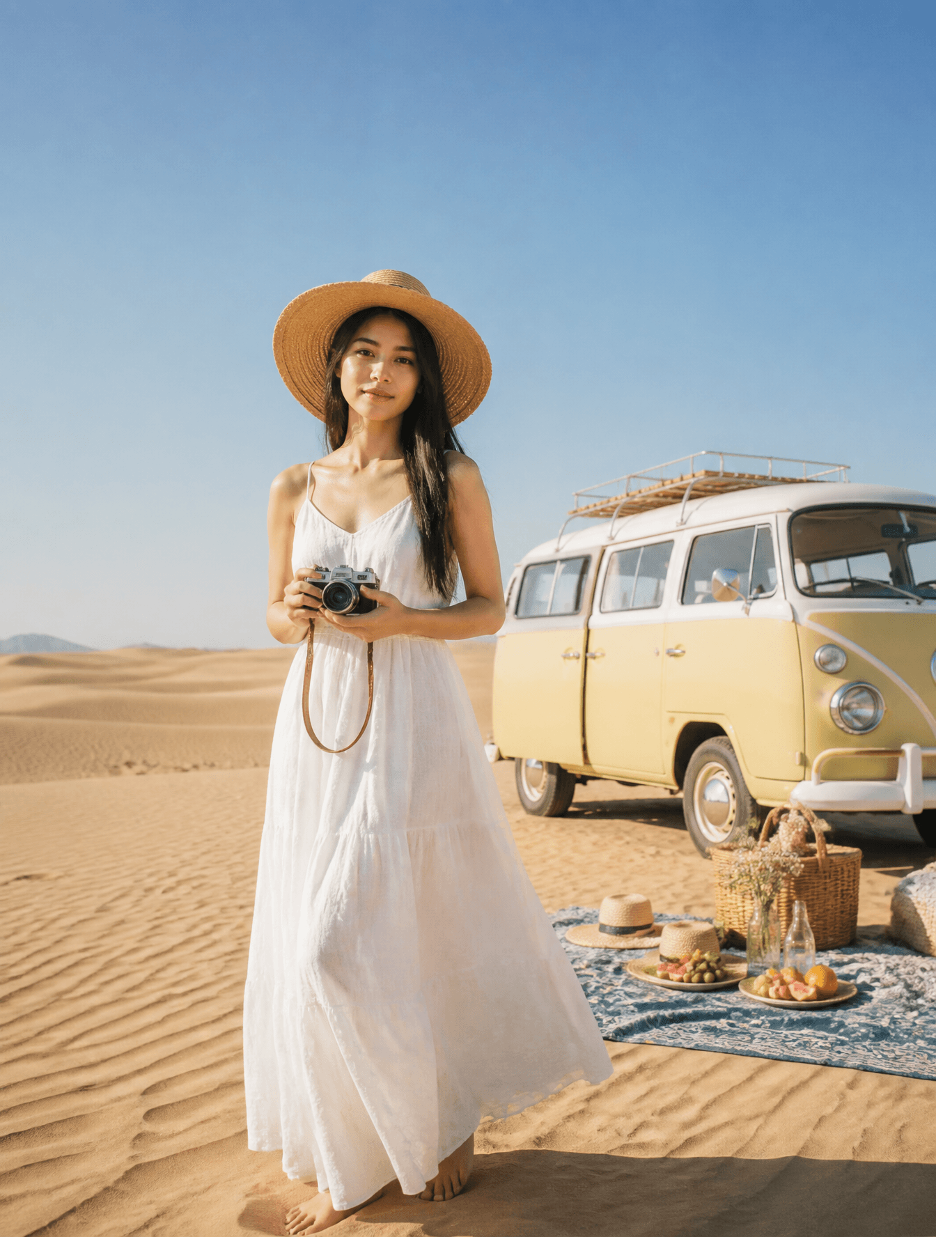 A wide shot of a woman in an airy white linen maxi dress and