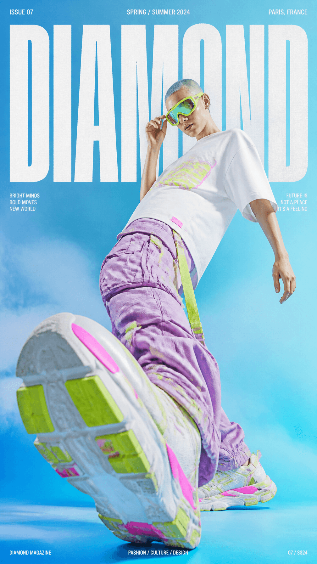Subject & Action
Full-body female model, buzz cut (pink/purp