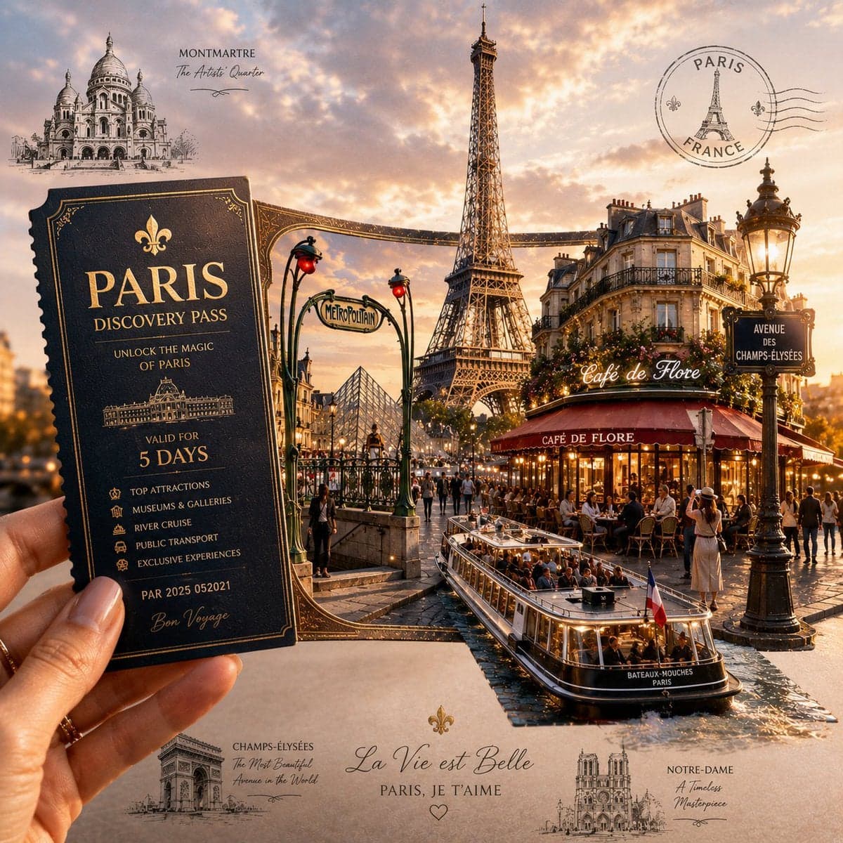 Create a highly detailed, premium travel-art illustration fe