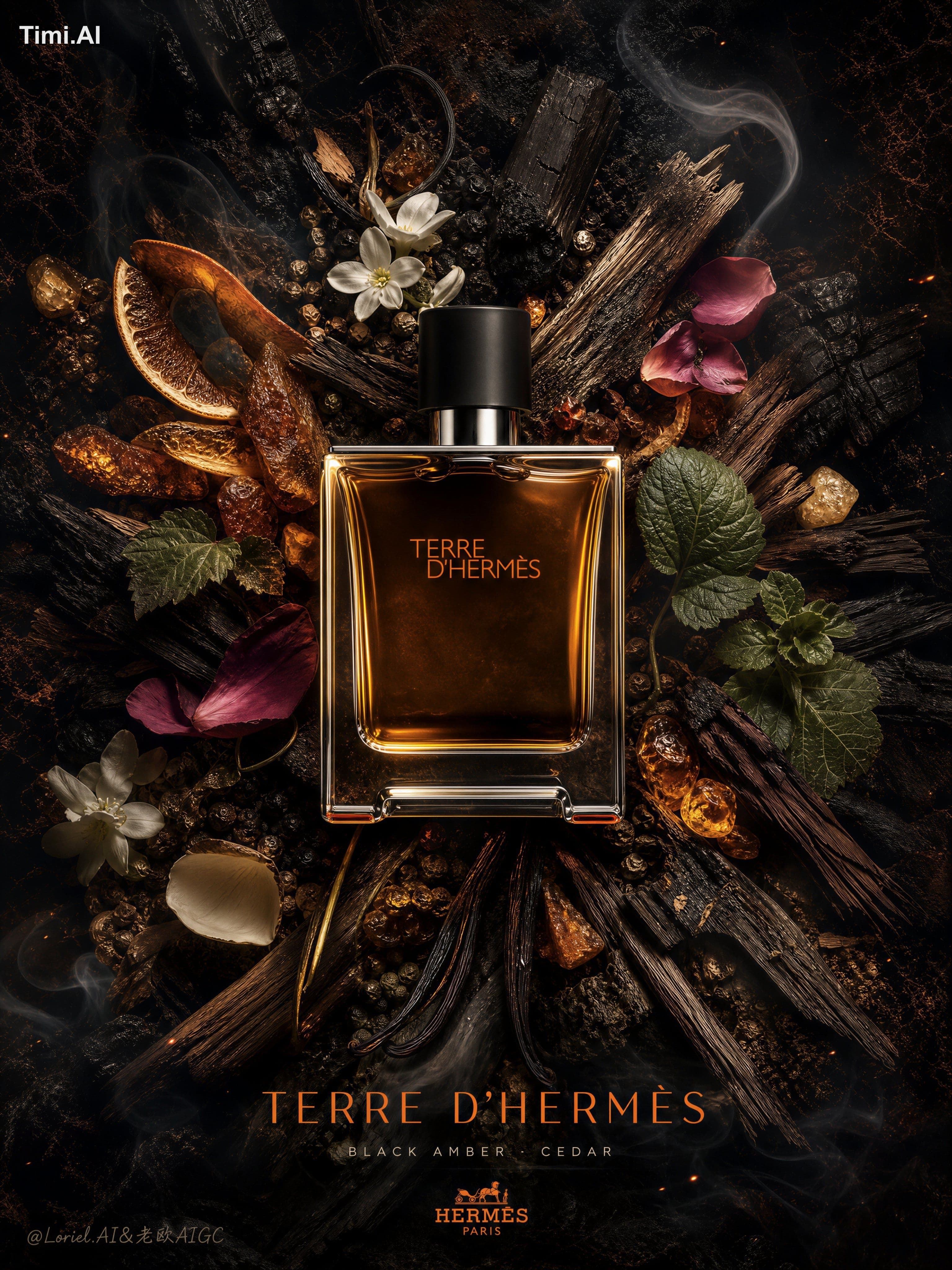 blurry bottle label, fake Hermès bottle, tilted camera angle