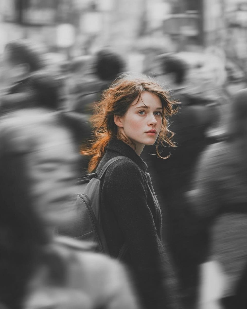 A cinematic street portrait of a young woman walking through