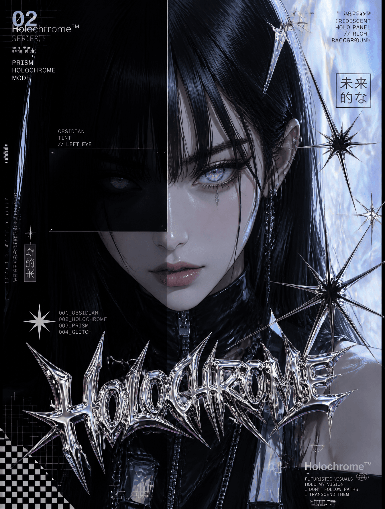 Obsidian & HolographicFuturistic anime girl with sleek jet b
