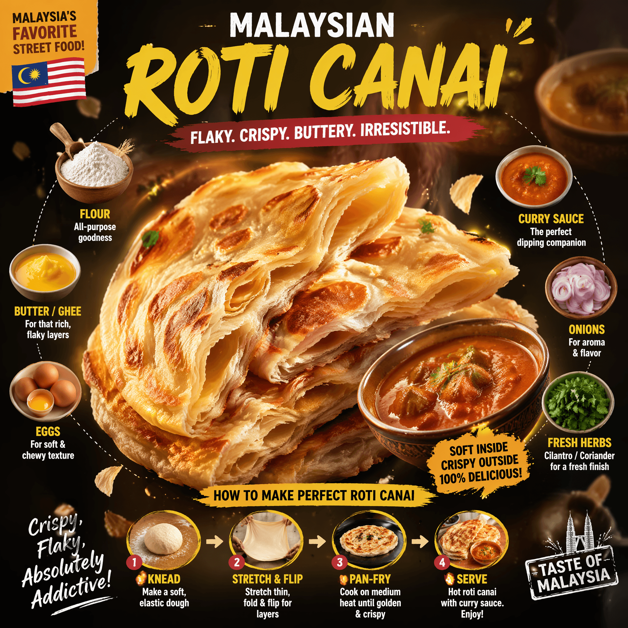 Ultra-viral recipe infographic.Showcase MALAYSIAN ROTI CANAI