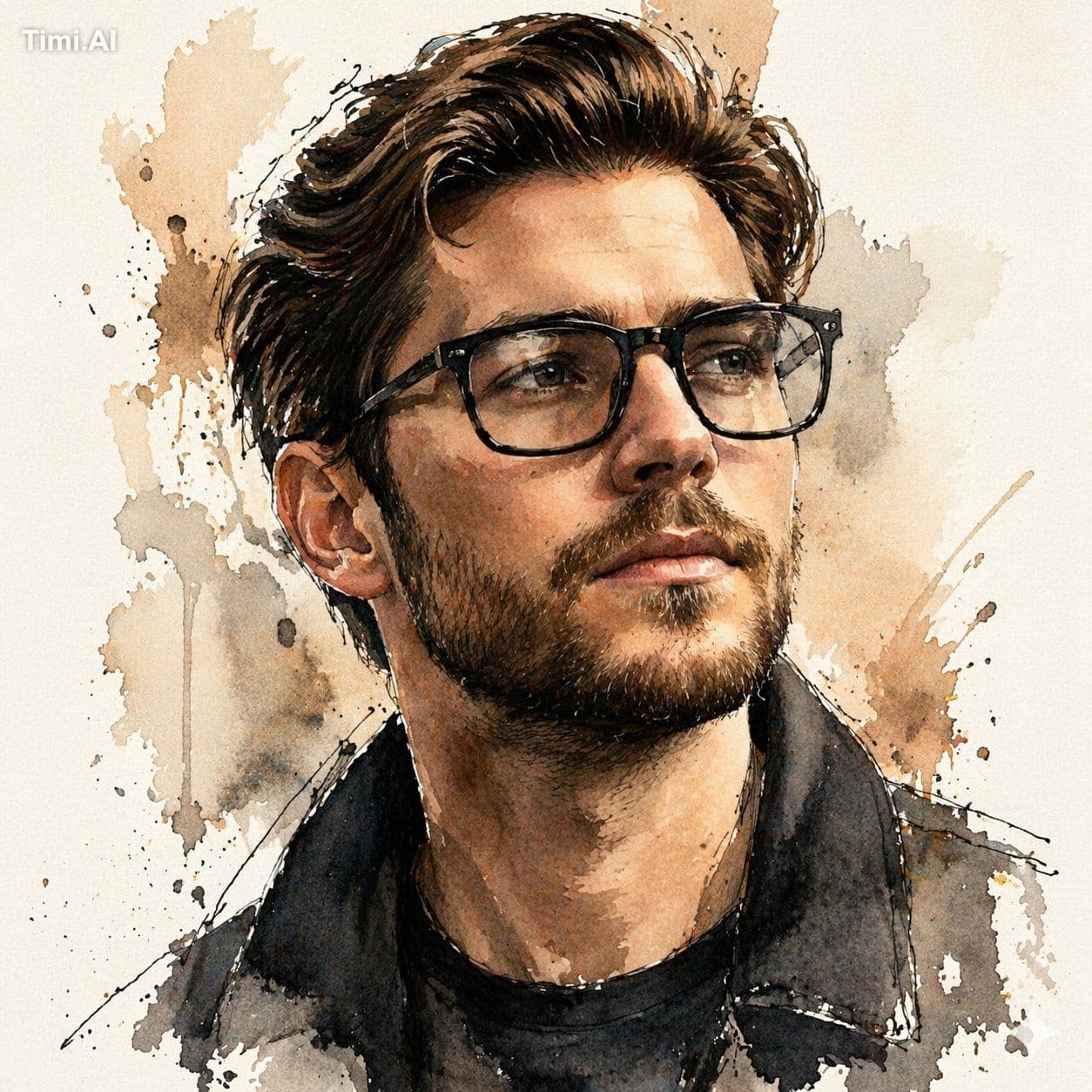 A stylized watercolor portrait of a thoughtful man wearing b