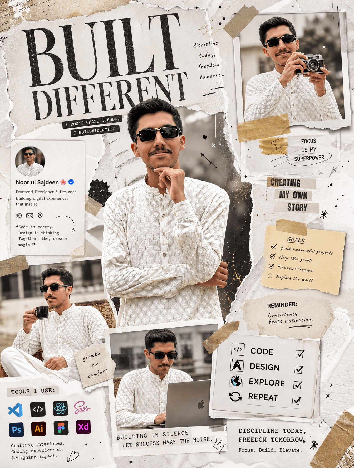 A bold, editorial-style digital collage in a monochrome whit