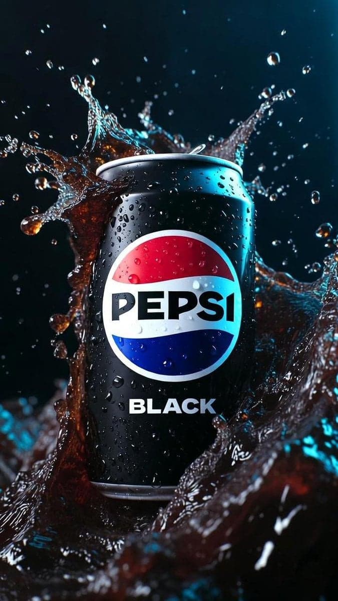 Hyper-realistic cinematic product photograph of a Pepsi Blac