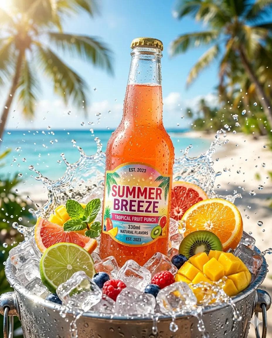 A refreshing cold drink bottle placed on wet ice cubes, surr