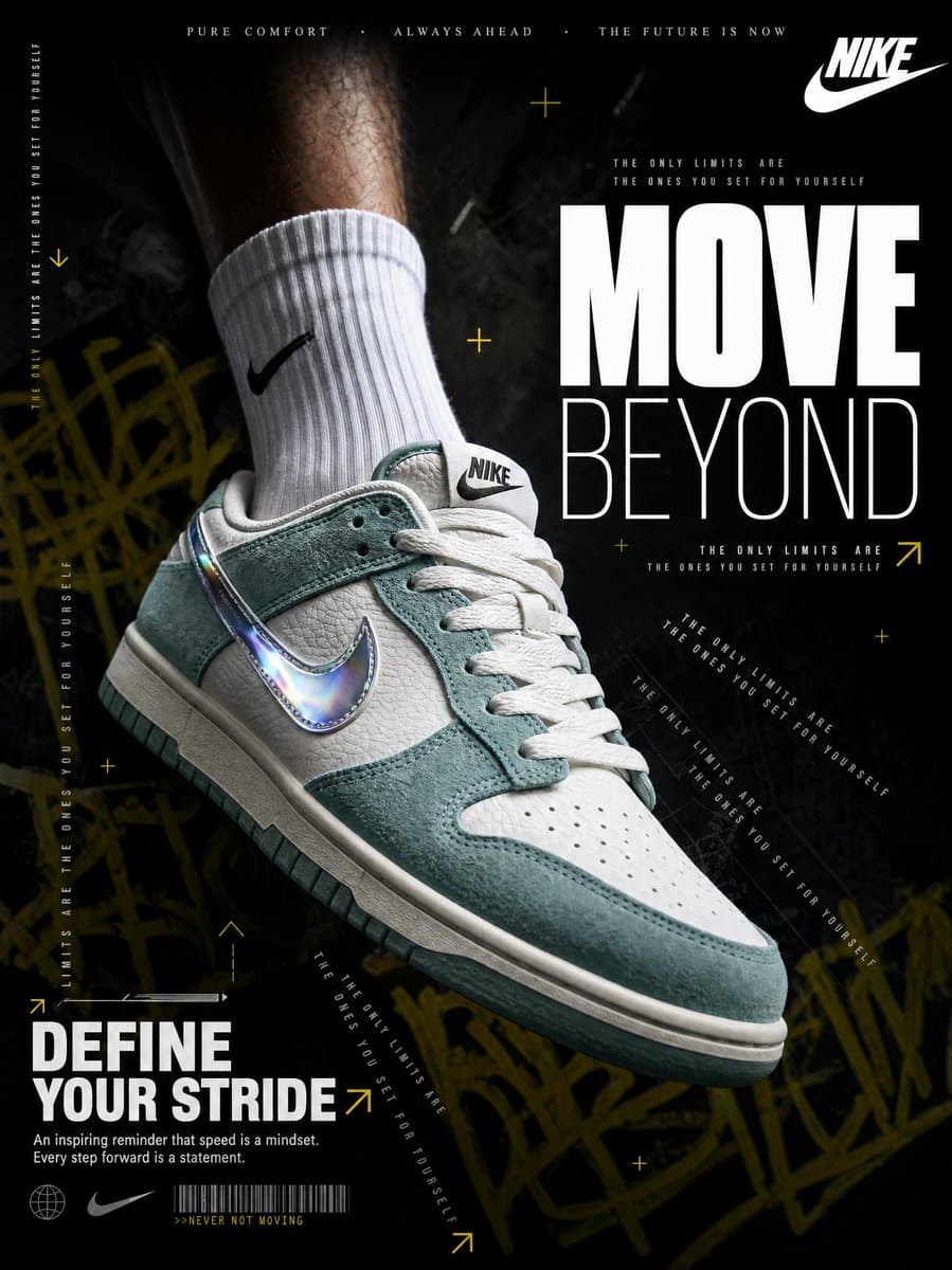 A hyperrealistic Nike sneaker advertisement shot in a dark,
