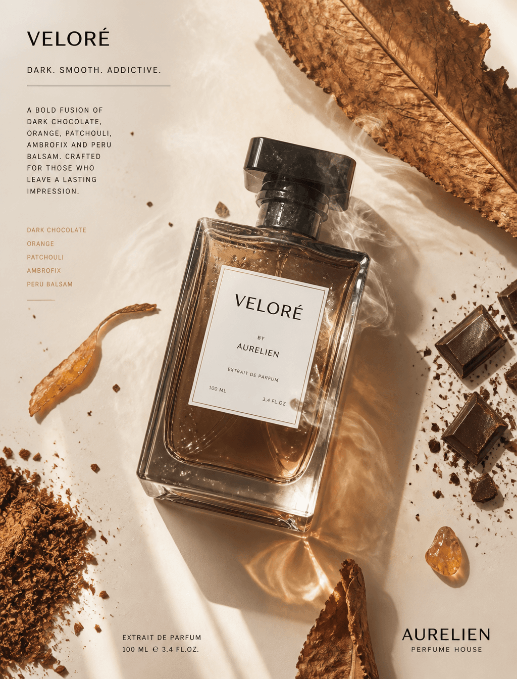 Subject & action
A premium glass perfume bottle centered in