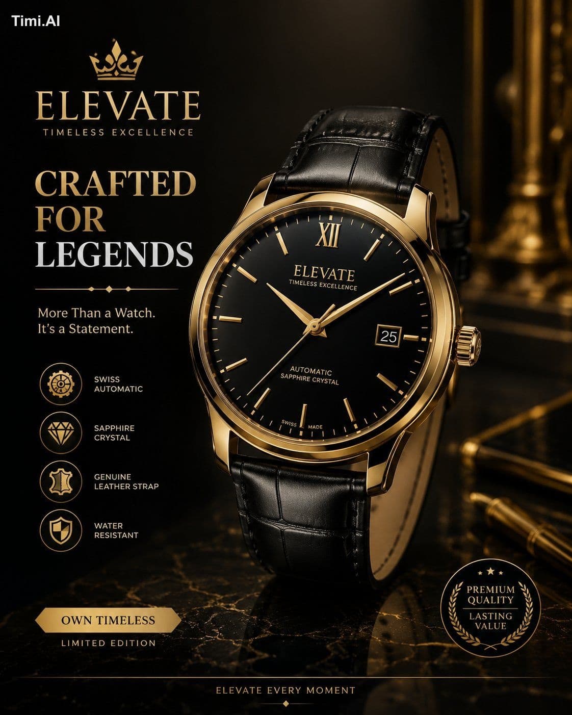 Design a luxury wristwatch mockup with dark background, gold