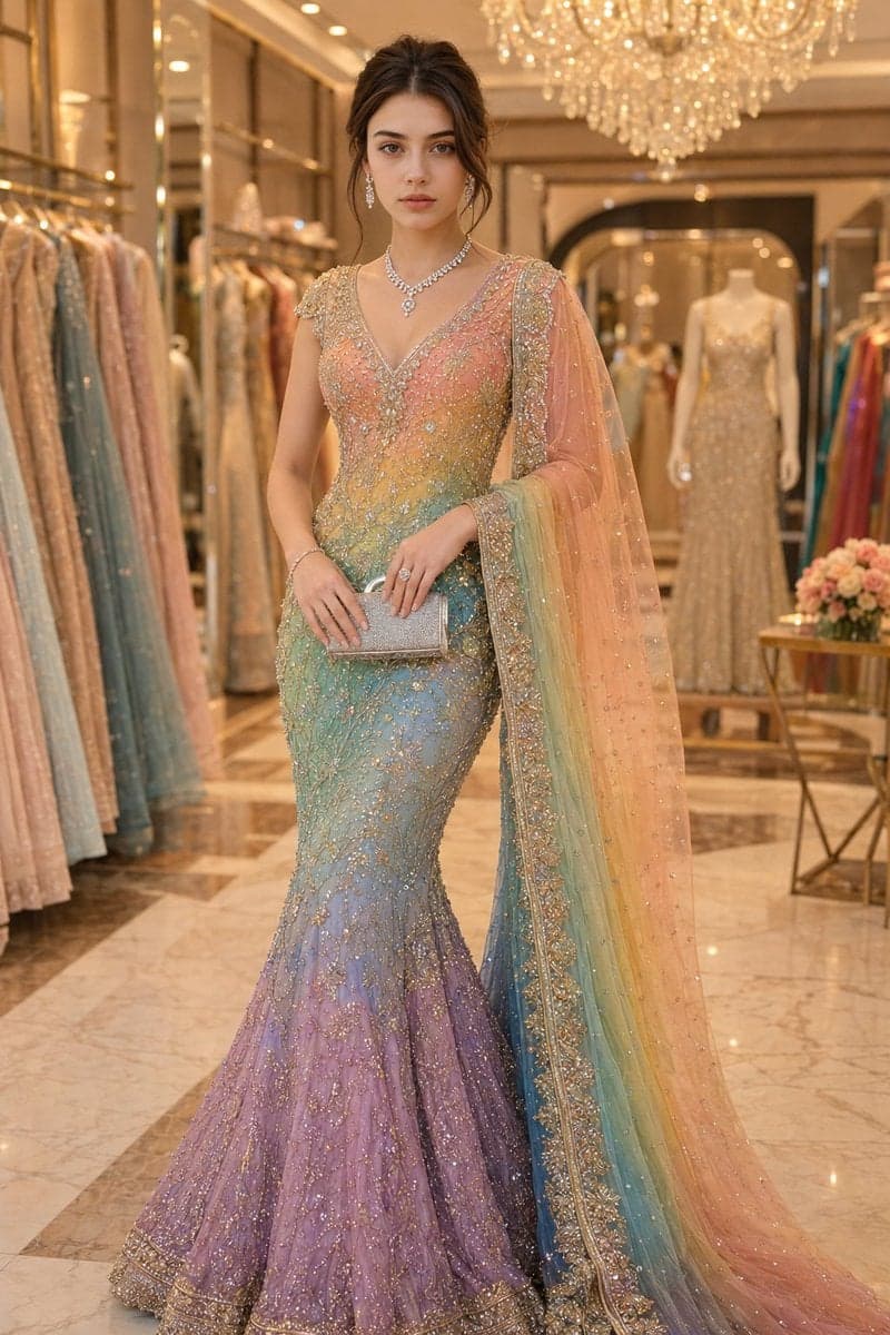 Photorealistic full-body portrait of an elegant girl with br