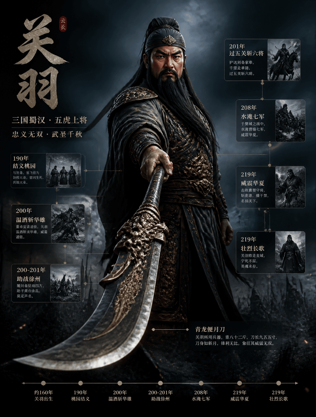 请创作一张竖版 3:4「现代人物3D立像档案海报」。主题人物:关羽人物身份:三国时代蜀国五虎将之一核心成就:辅助刘备建立