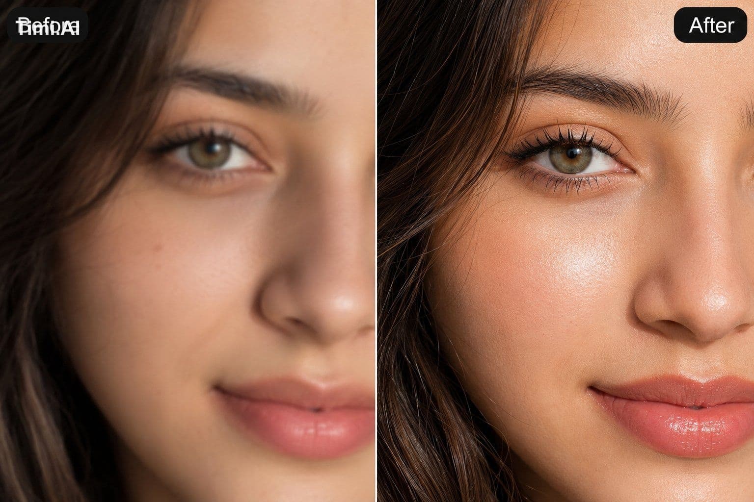 Extreme close-up split-screen comparison image of a young wo