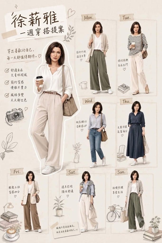 Create a stylish weekly outfit guide poster in a warm scrapb