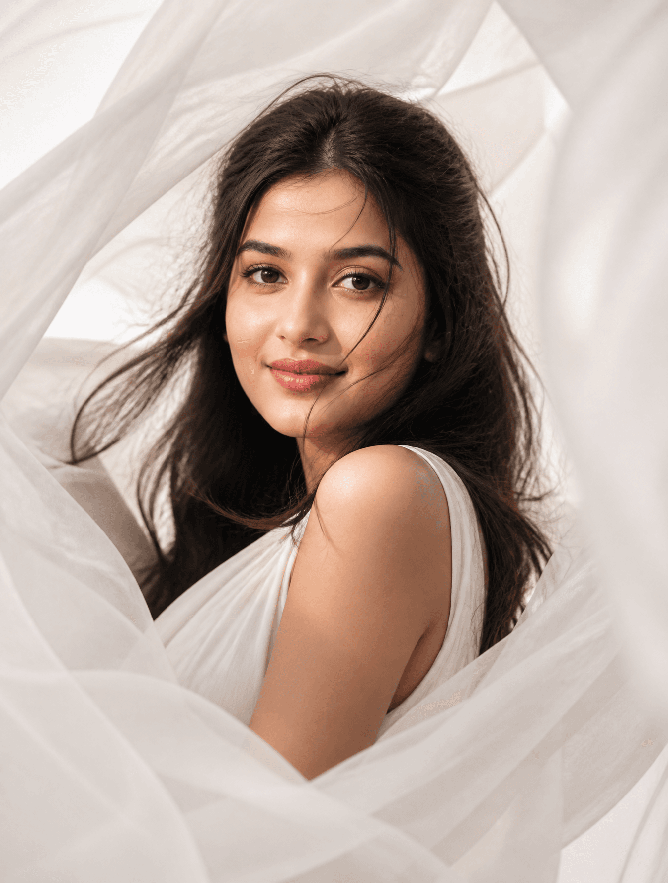 Ultra realistic fashion portrait of a beautiful woman surrou