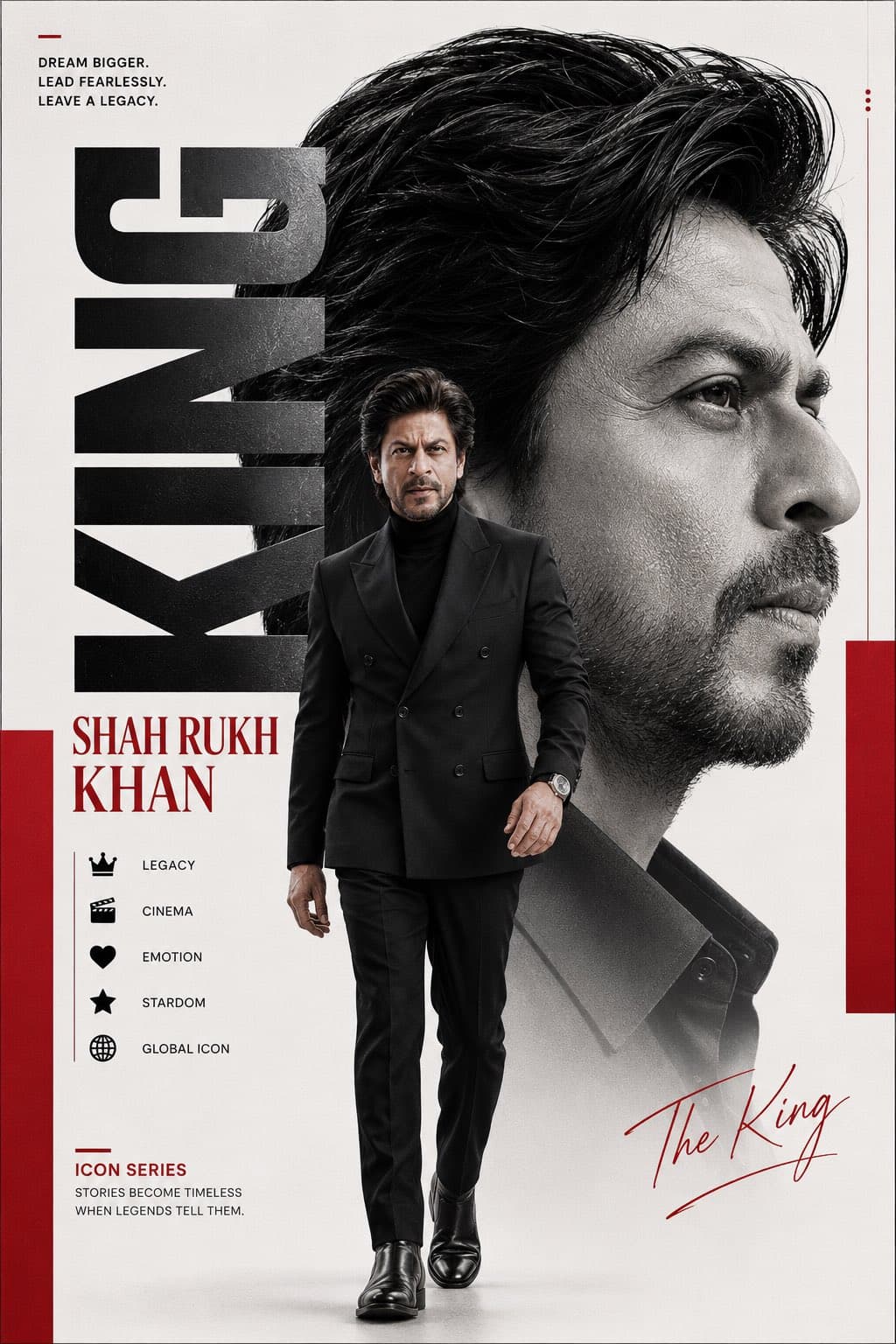 Create a premium luxury editorial poster featuring Shah Rukh