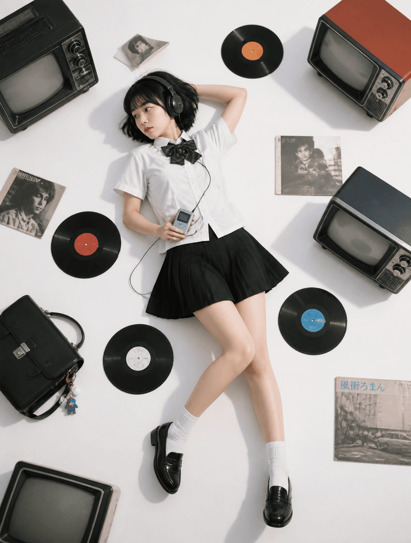 A top-down perspective of a short-haired Japanese high schoo