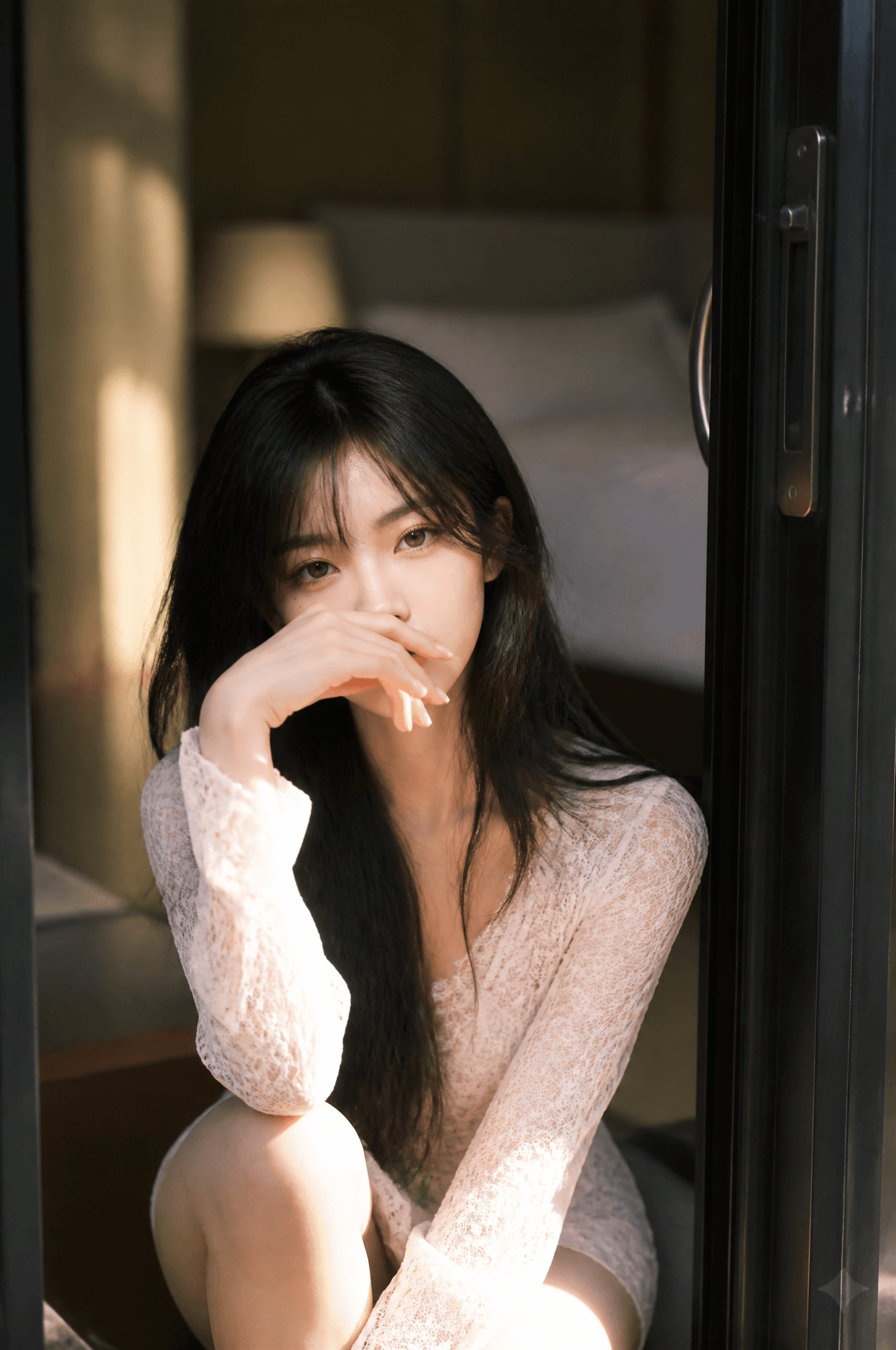 A beautiful Asian woman with long, flowing dark hair sits gr