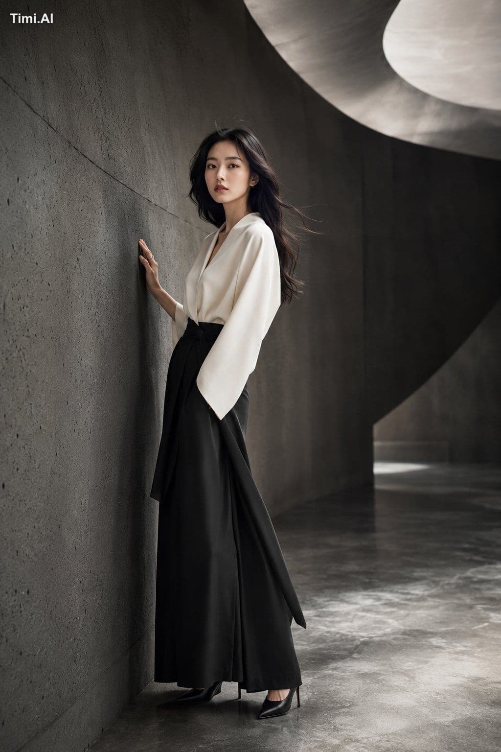 A stunning young Japanese woman in a high-end fashion studio