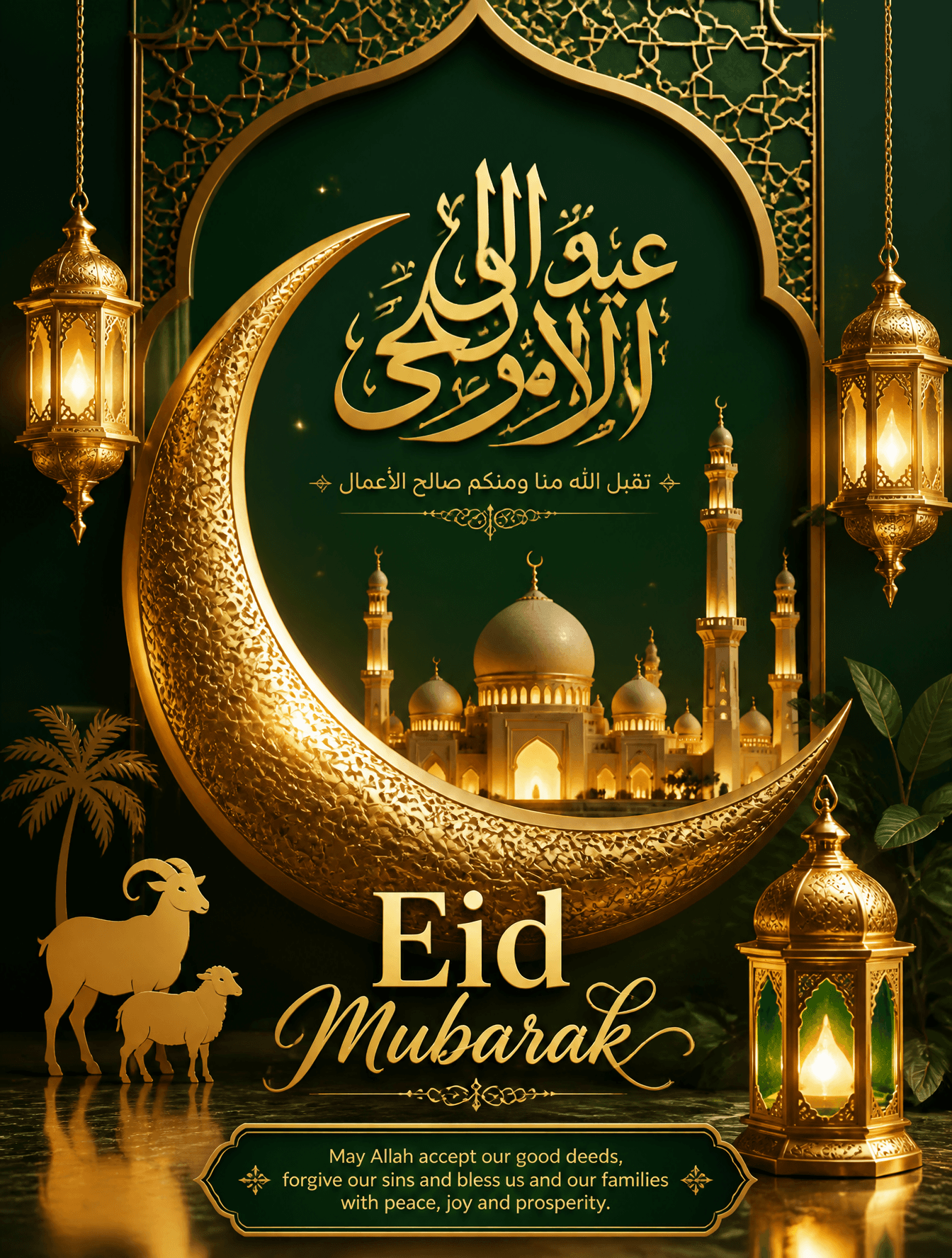 Create a luxurious Eid Ul Adha poster featuring a golden cre