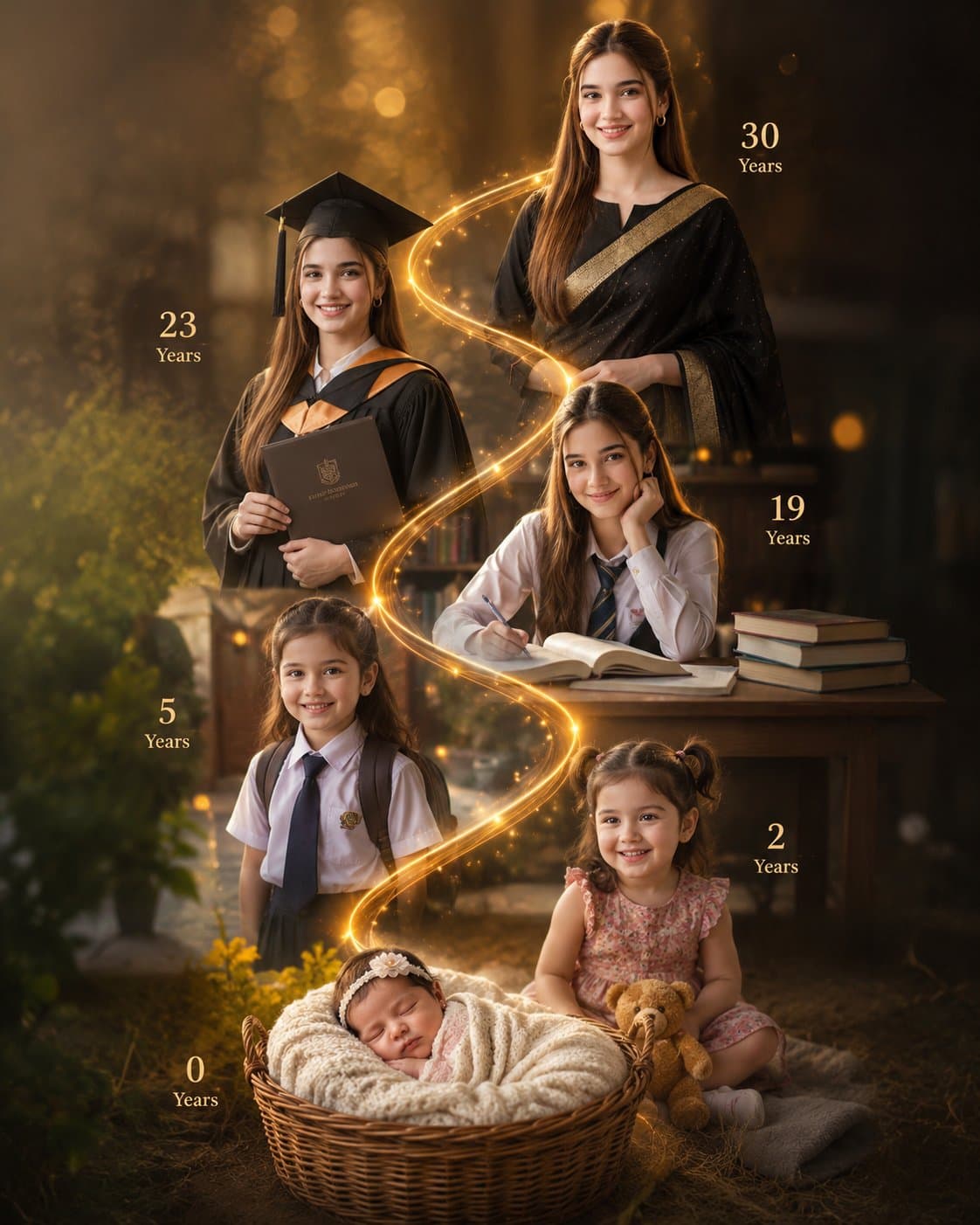 Create a vertical cinematic life journey portrait showing th