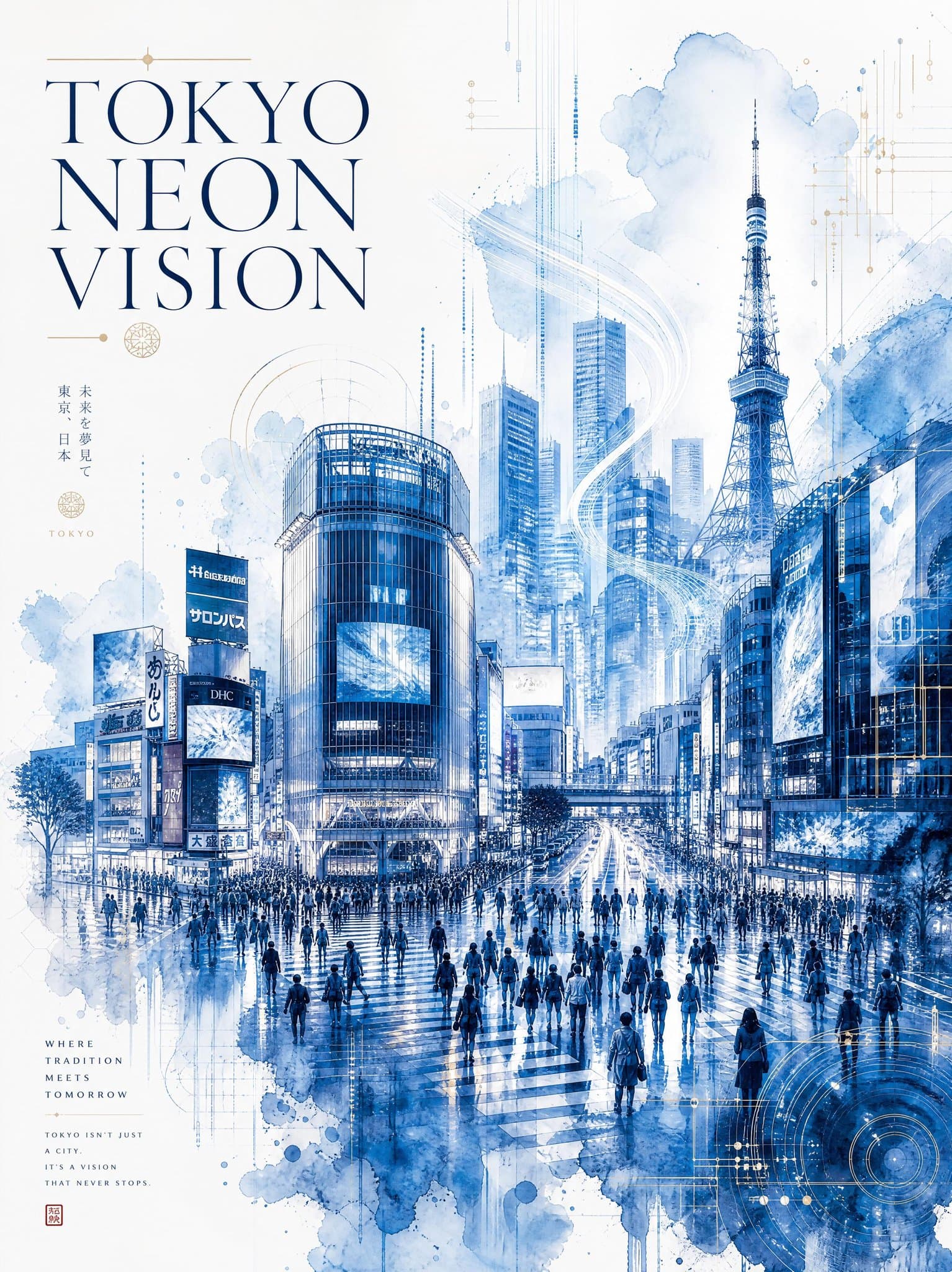 Ultra-detailed watercolor travel poster titled “TOKYO NEON V