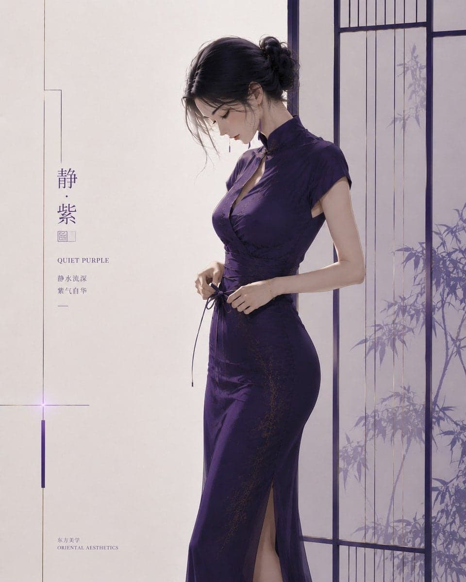 主体内容：一位明确成年的东方女性站在极简屏风前，低头整理腰间细带或腰封，身体微微侧向画面 
主体气质：知性、安静、精致、