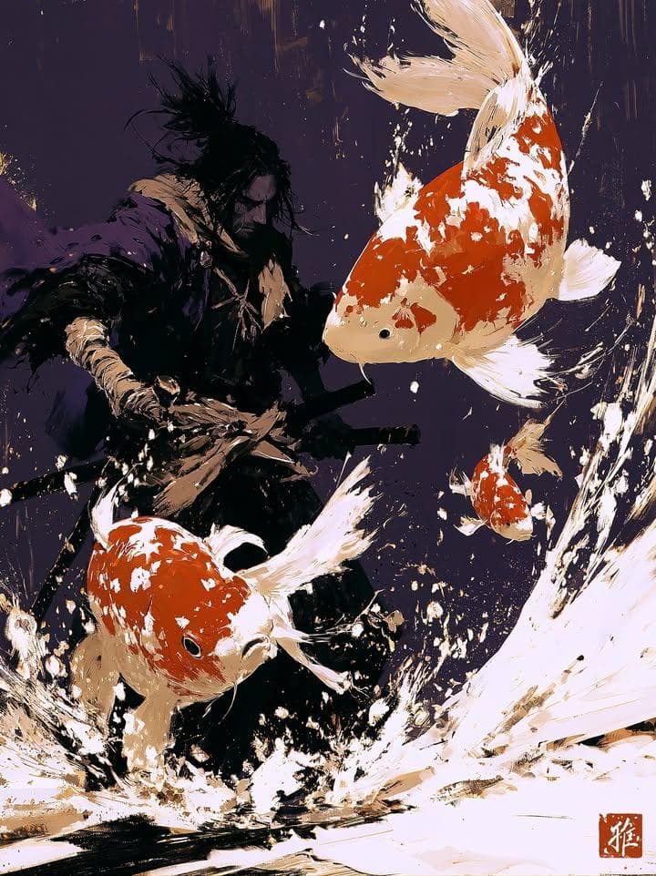 Dark ink wash painting, lone samurai warrior holding katana,