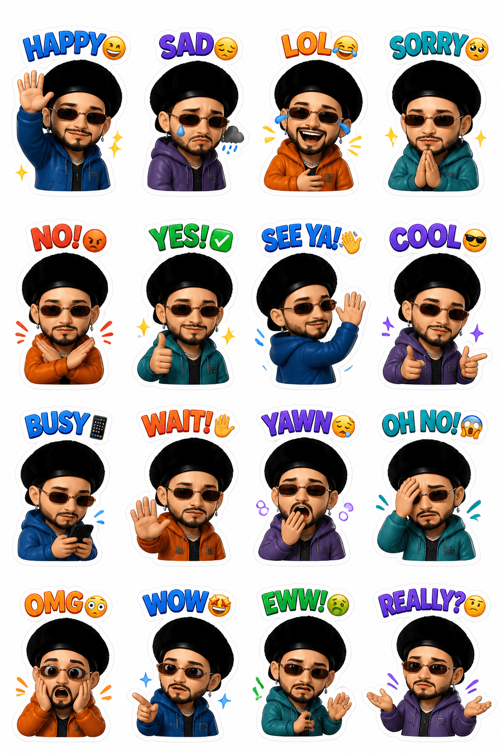 Create a premium 16-sticker pack from the uploaded image. Us