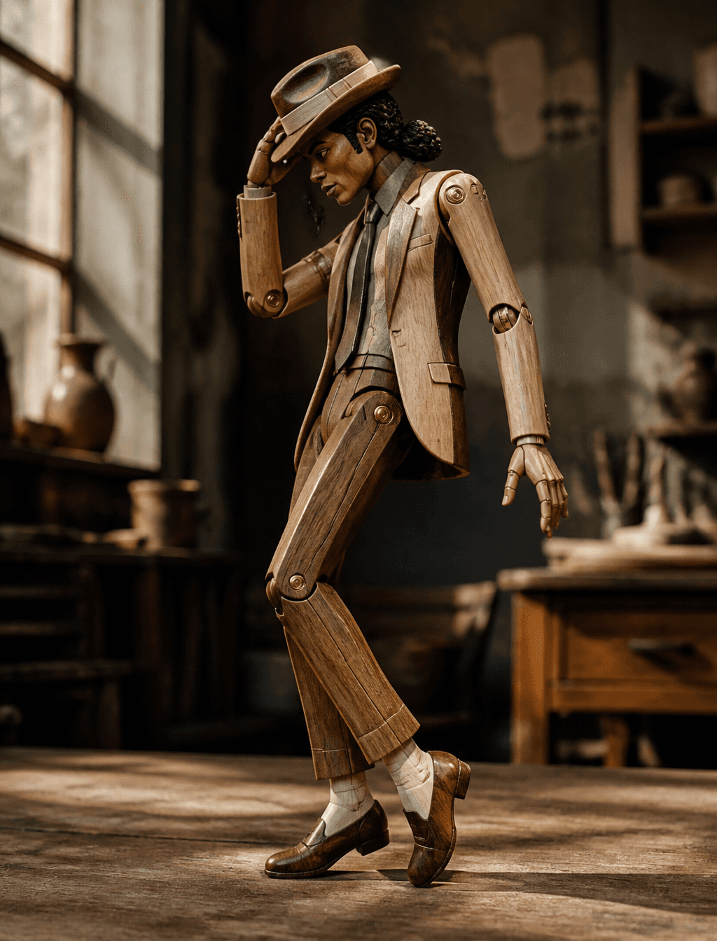 Subject and Movement: A delicate wooden automaton, depicting