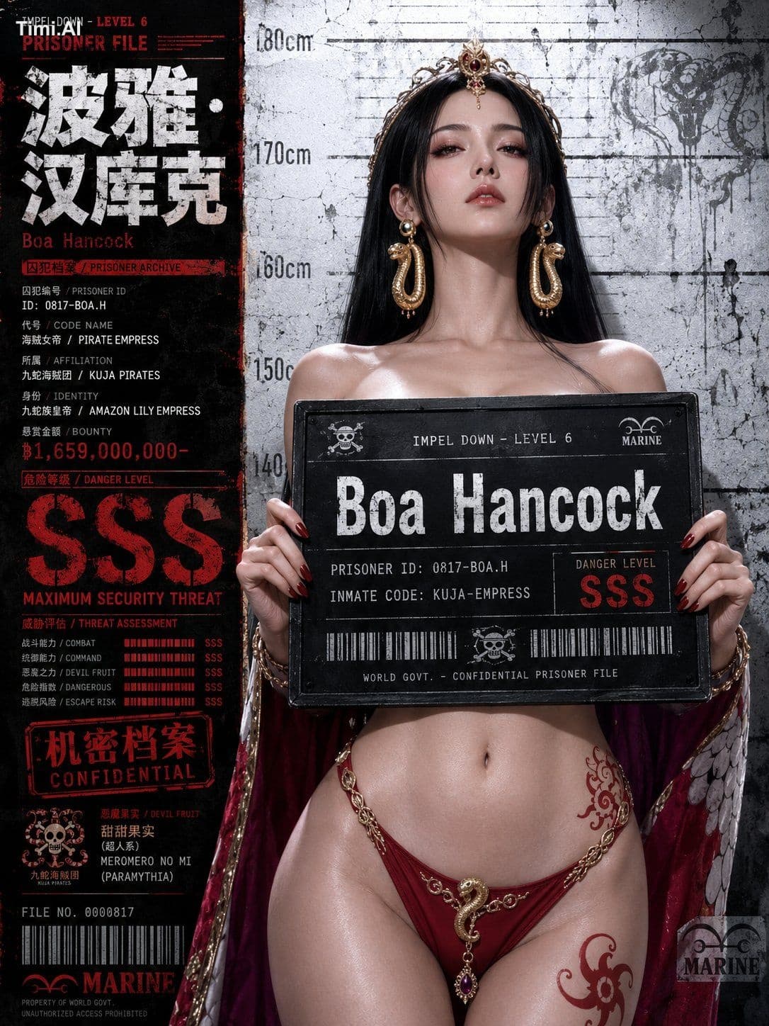 设计一张极具冲击力的黑红监狱题材人物海报,主题为海贼王中波雅・汉库克的真人cosplay版本。海报中的人物是一位20多岁