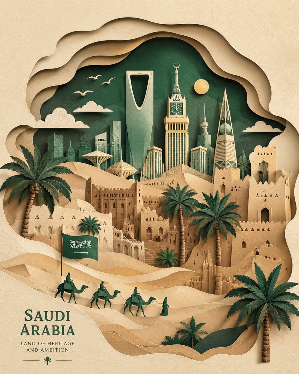 Saudi Arabia paper-cut illustration, layered paper art style