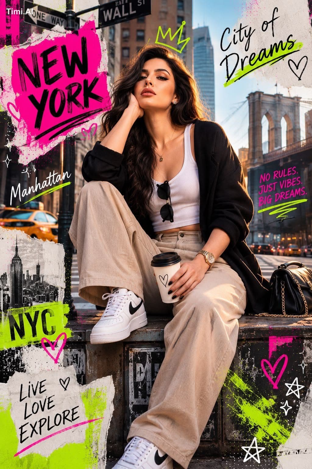 Photorealistic mixed media fashion collage of a cool young w