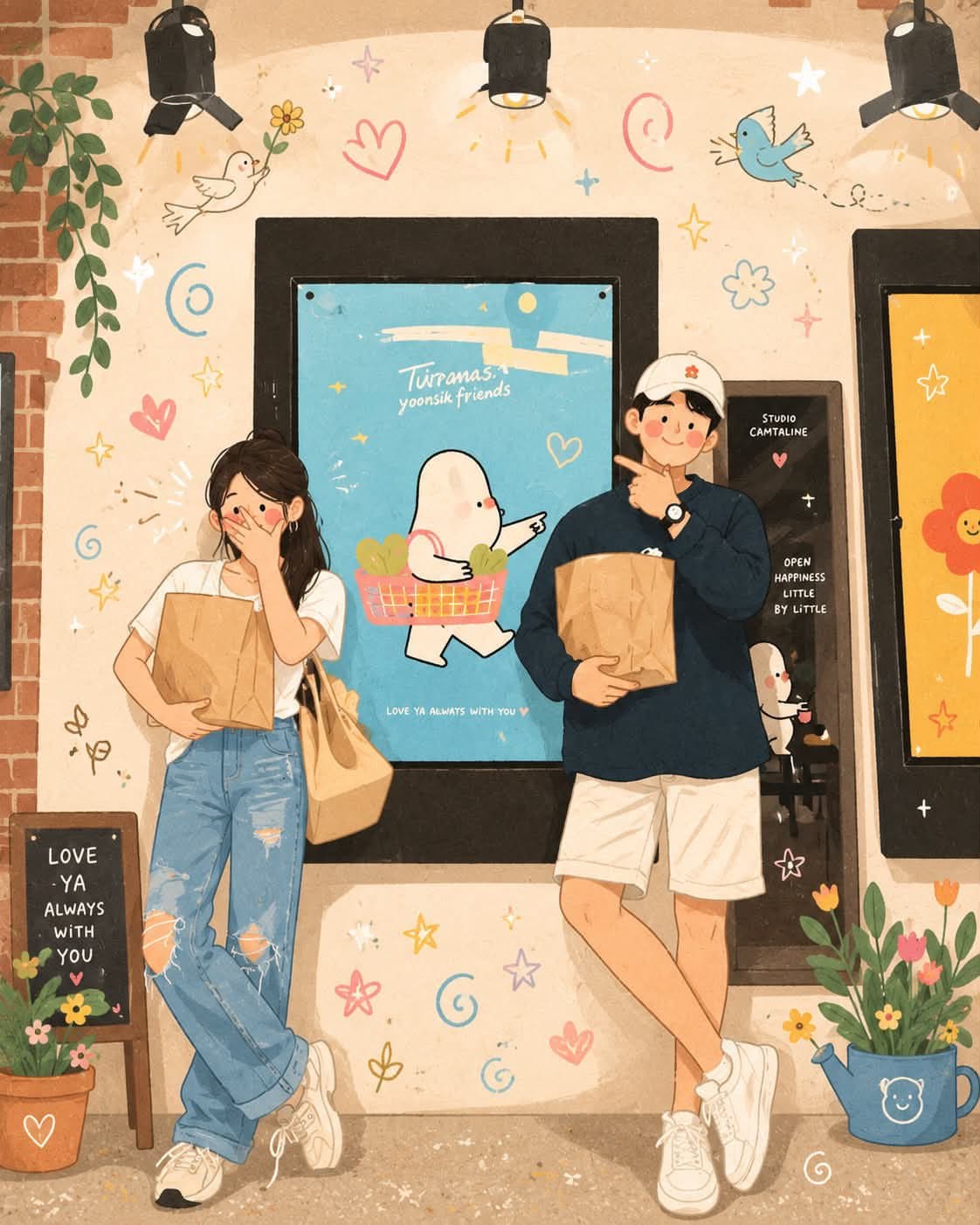 Whimsical Korean-inspired illustration, soft pastel color pa