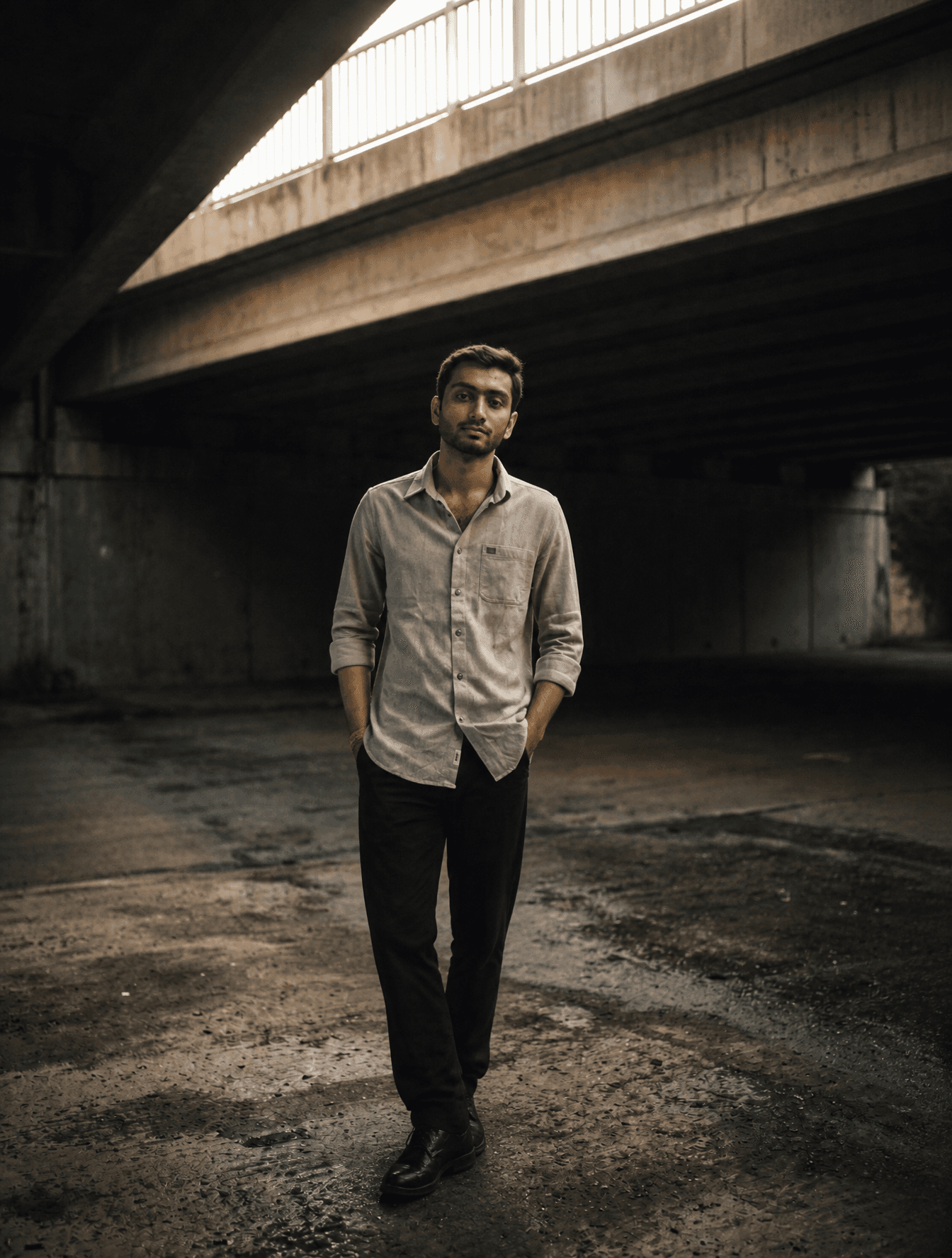 A moody, urban portrait of me standing under a desolate conc