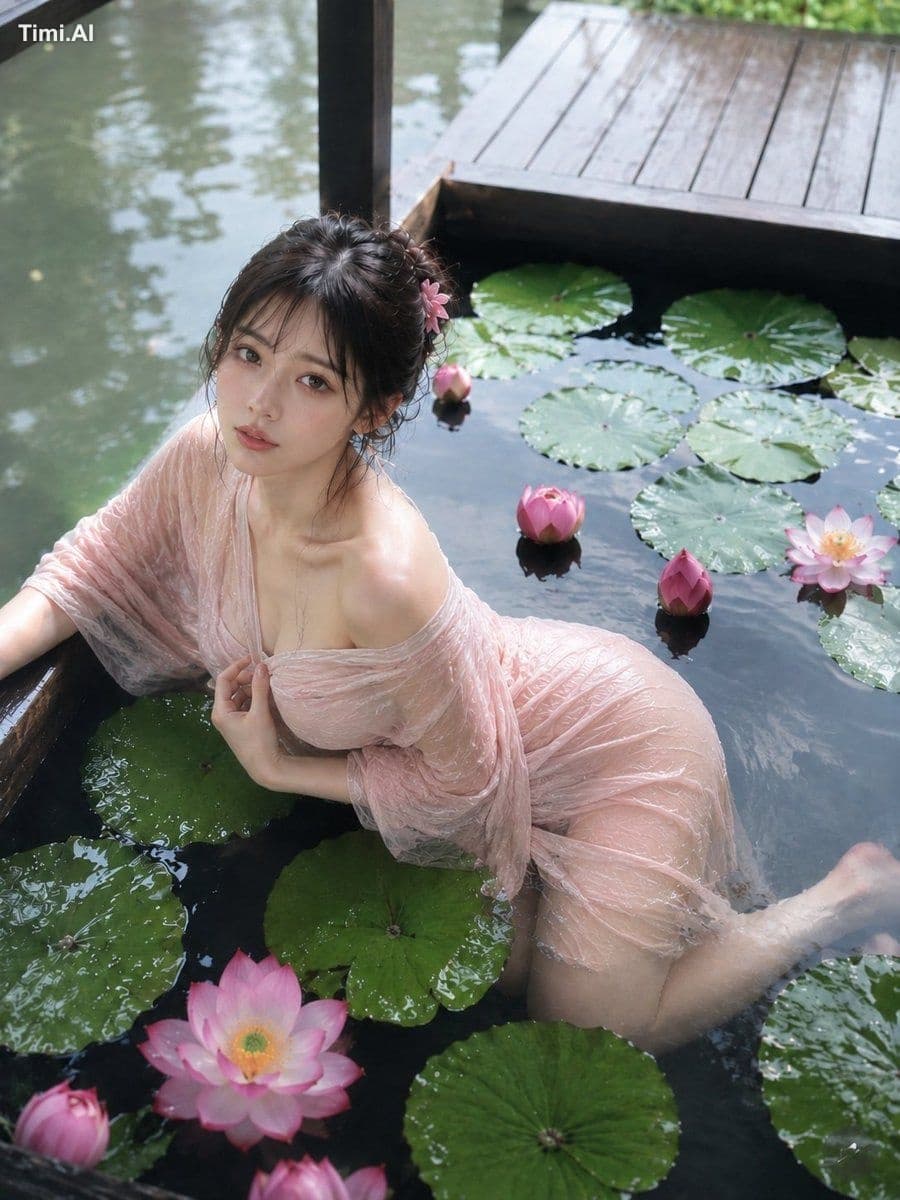 木製デッキに囲まれた静かな蓮池で、淡いピンクの衣装をまとった女性が浅い水の中に膝をつき、カメラを見上げている。人物は画面