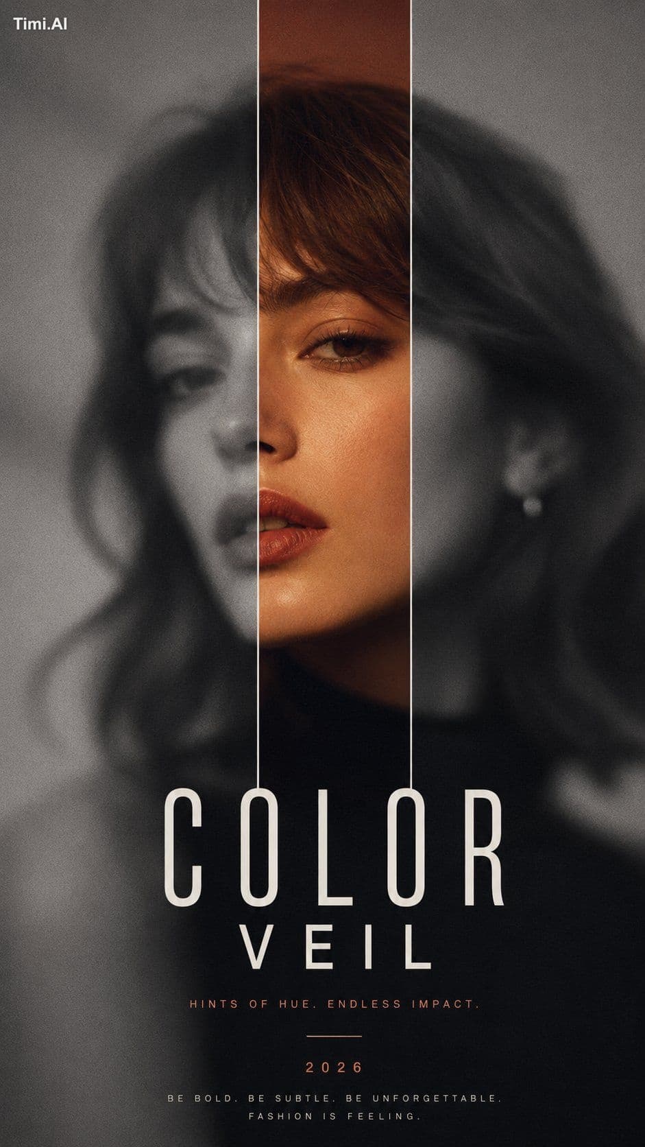 Create a 9:16 high-end color reveal editorial poster with a