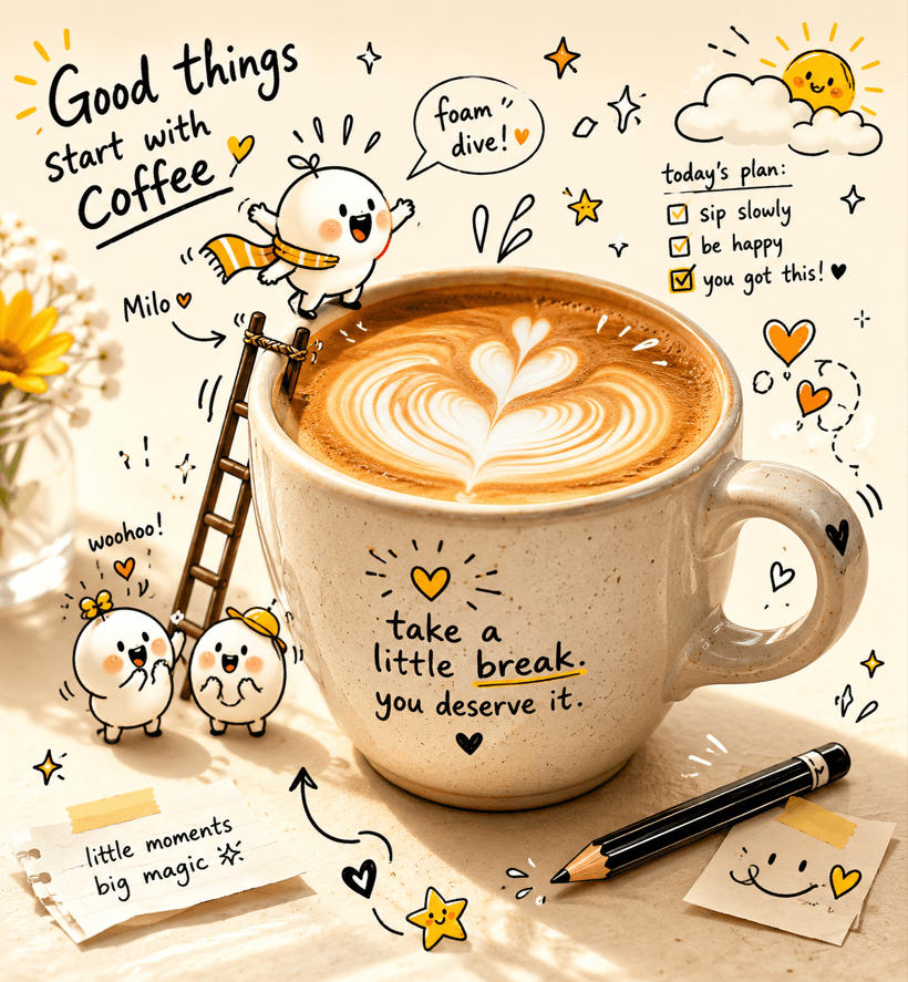 Subject: A realistic ceramic coffee cup with latte art
Mood: