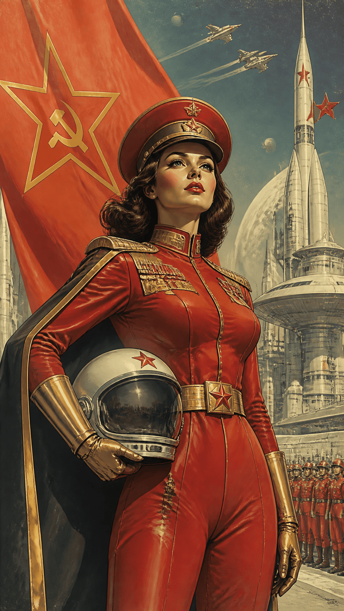 retro futurism style, COMMUNIST COMMANDER fantasy retro woma