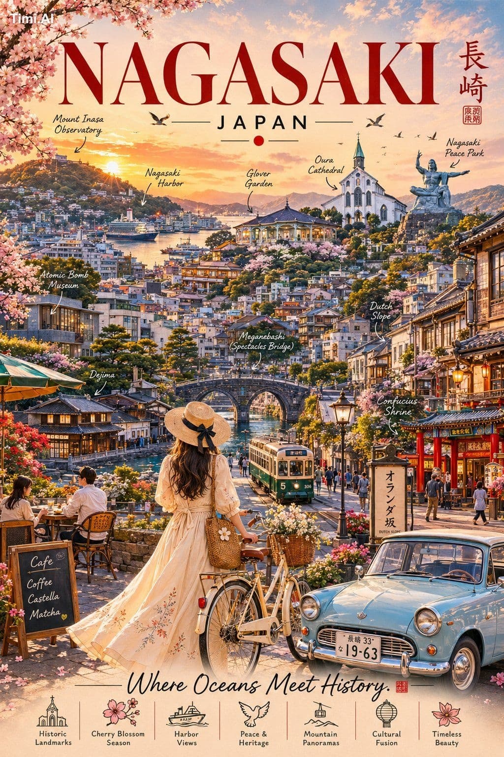 Create an ultra-premium editorial travel poster for NAGASAKI