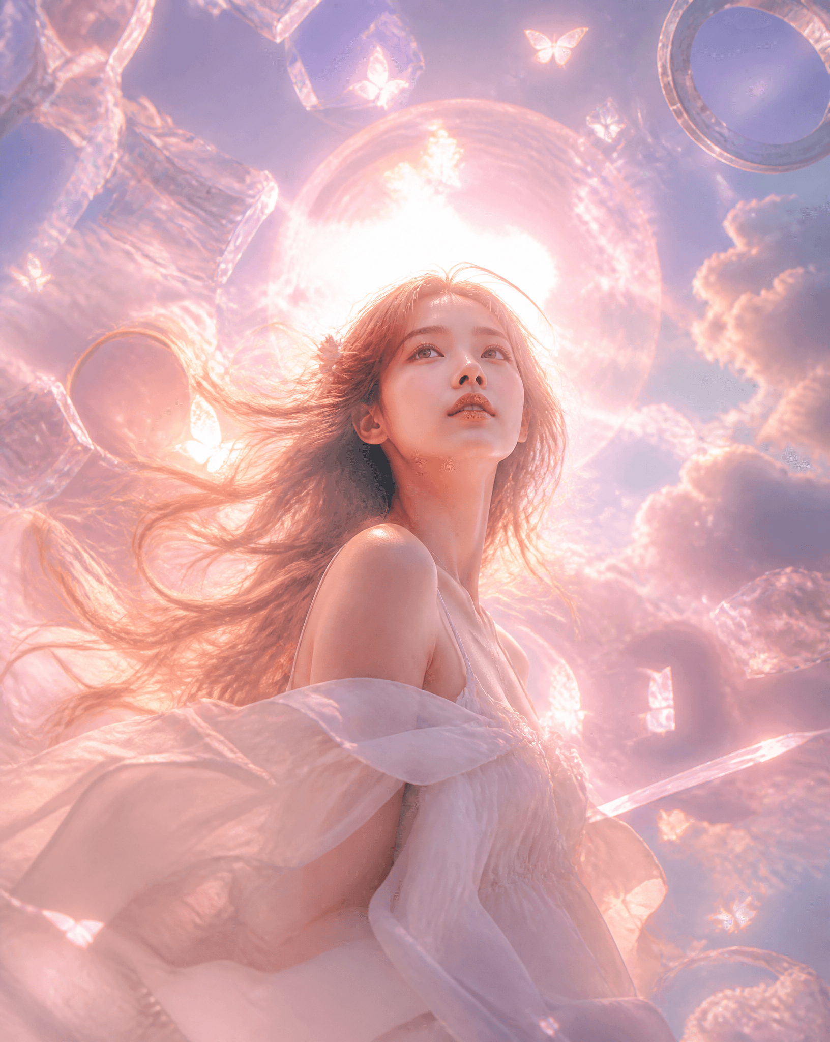 Create a surreal dreamcore cinematic poster with an ethereal